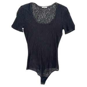 Wolford Sheer Lace Mesh Short Sleeve Scoop Neck Bodysuit in Black Size Small